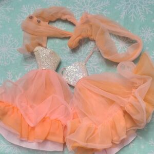 Two Vintage Peaches And Cream Barbie Dresses And One Wrap